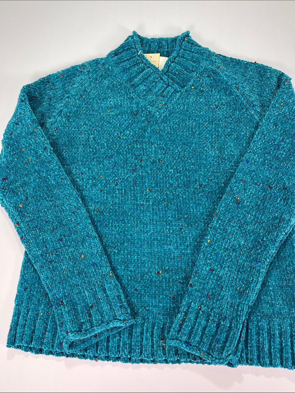 Coldwater Creek Teal Speckled V-Neck Chenille Pullover Sweater - Women Sz M